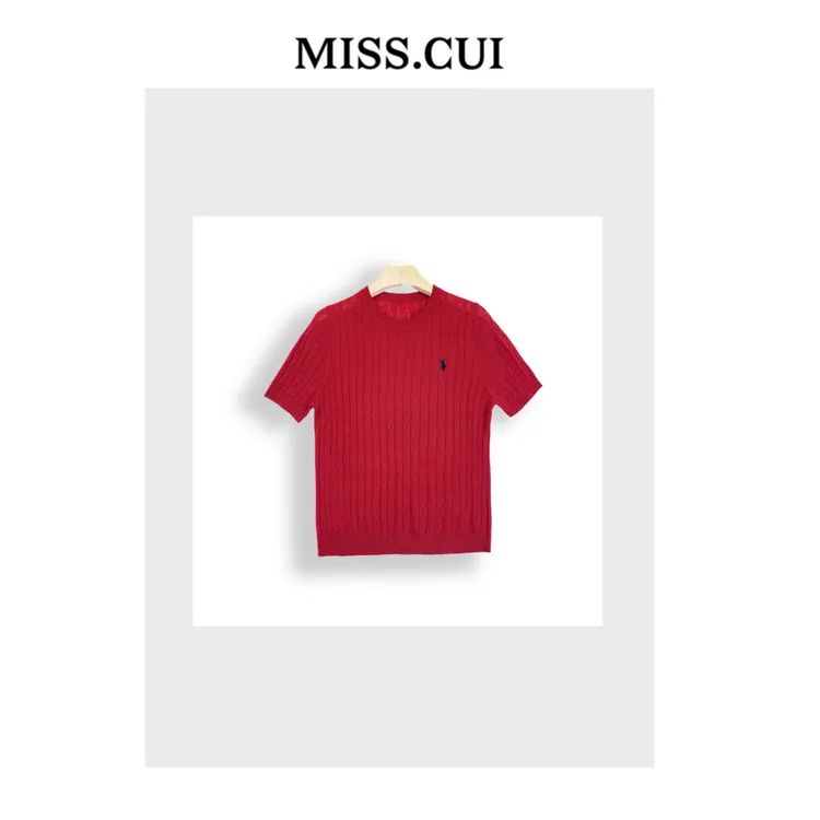 MISS.CUI 极简风穿搭 复古小马刺绣麻花套头短袖毛针织衫912