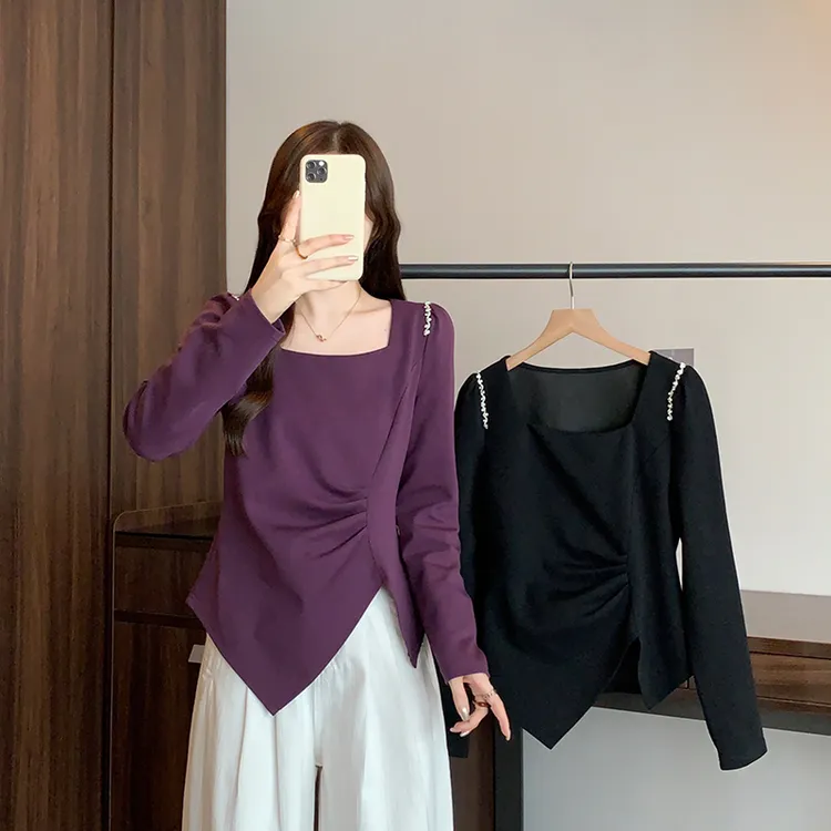 2025秋装新款胖mm大码女设计感方领镶钻不规则长袖上衣A2508