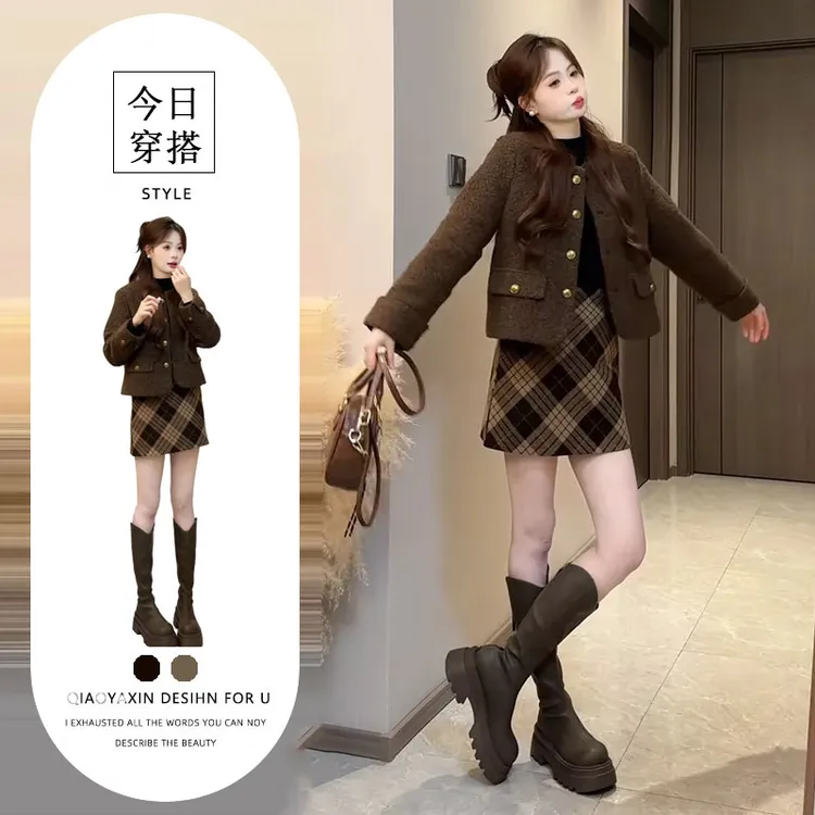 欧式高端大气两件套女秋冬新款港味别致咖色短外套高腰格子半身裙
