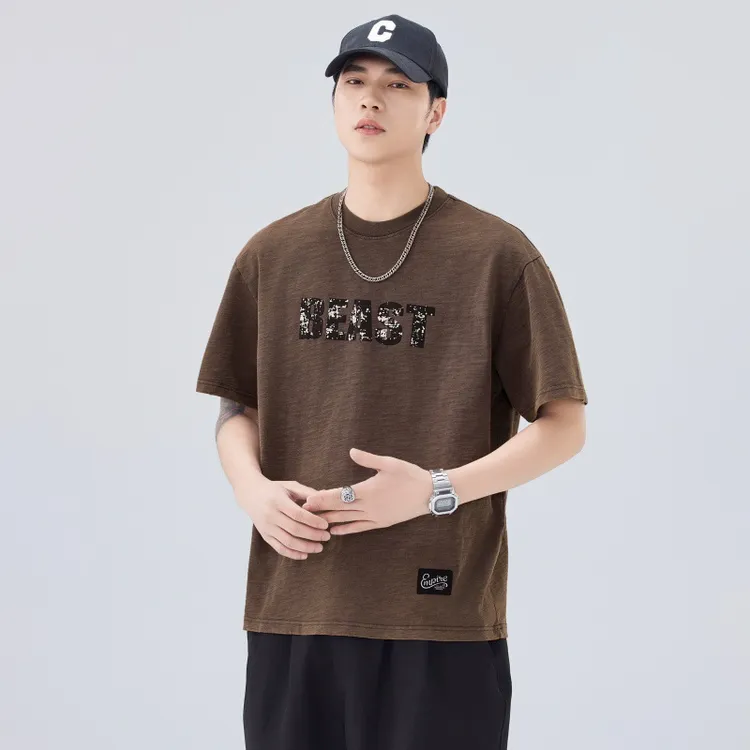 夏季美式复古宽松印花纯棉圆领T恤男款重磅潮男士男条纹长袖t恤