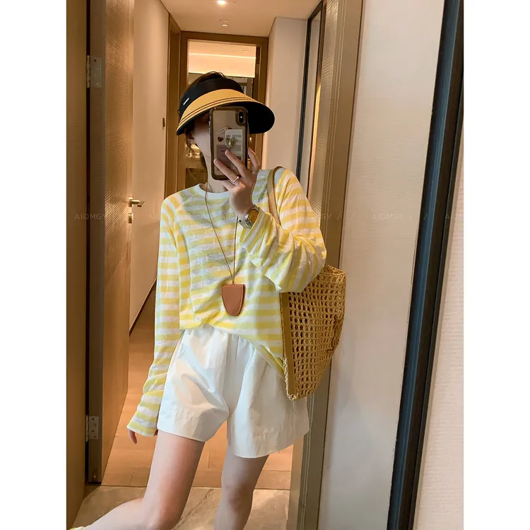 圆领条纹长袖T恤2025夏季新款韩系宽松休闲上衣T恤