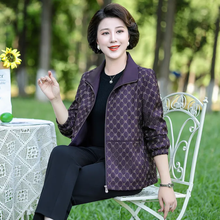 美学家2025春秋新款中老年女装经典印花洋气时尚减龄夹克C26011B