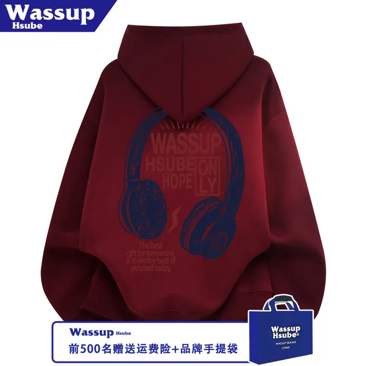 WASSUP HSUBE秋冬酒红色加绒上衣耳机印花男女款个性连帽套头卫衣