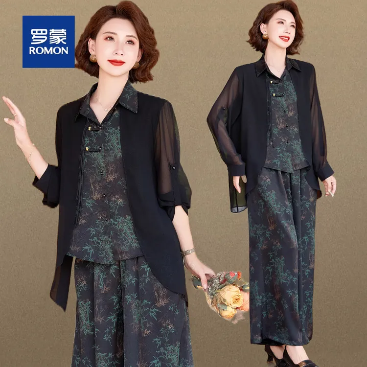 罗蒙新中式国风妈妈装中老年女装高级感假两件衬衫套装春装两件套