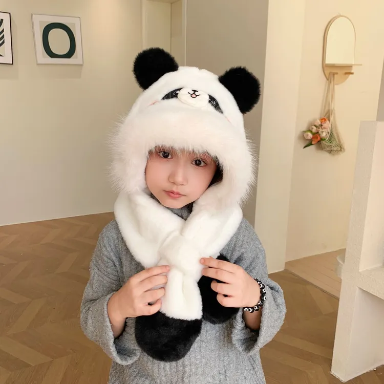 秋冬天儿童可爱熊猫卡皮巴拉卡通帽子围巾一体加绒保暖两件套围脖