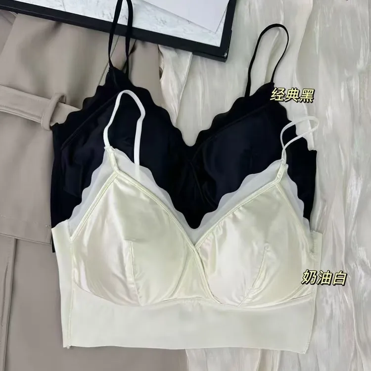 夏季缎面V领无痕细肩带美背文胸小背心内搭通勤蕾丝舒适时尚女士
