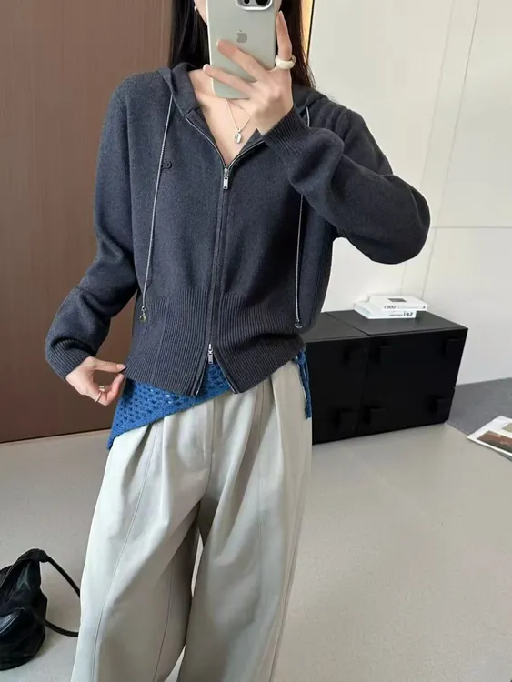 2025新款毛针织衫女双拉链针织连帽衫针织衫短款针织网红帽衫上衣