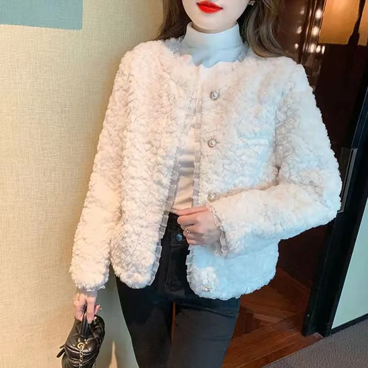 毛外套女2025秋冬季新款韩系高质感蕾丝珠边潮外套秋冬厚外套短款