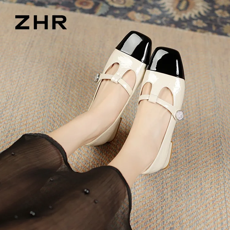 ZHR玛丽珍女鞋2025夏新款法式方头浅口增高单鞋平底时尚芭蕾舞鞋