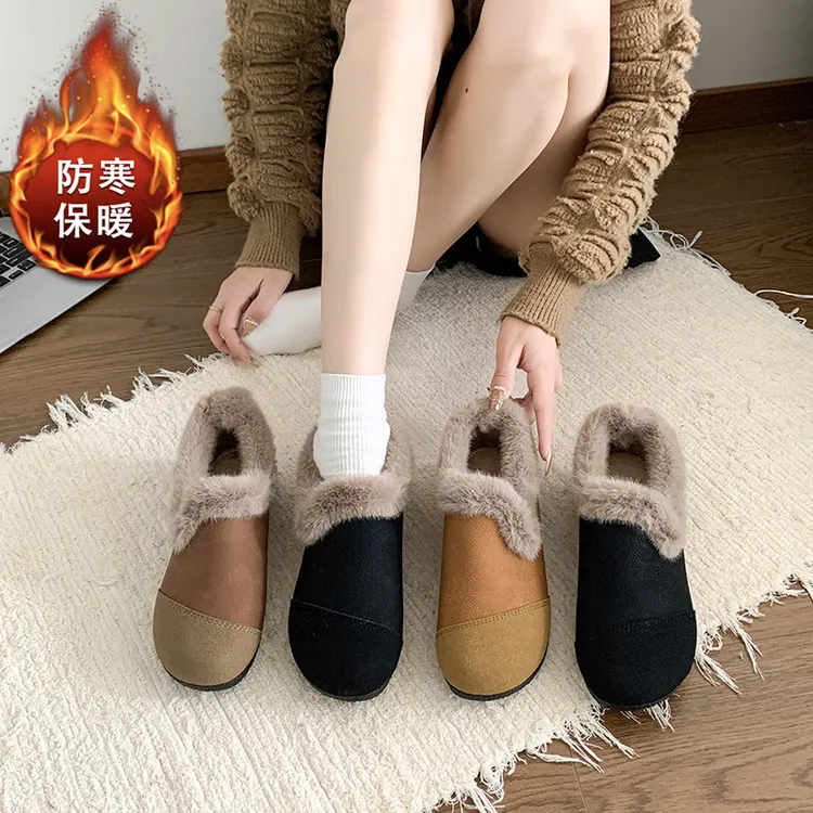仿羊羔绒内里新款轻便女撞色秋冬平底鞋棉鞋一脚蹬加绒豆豆鞋保暖