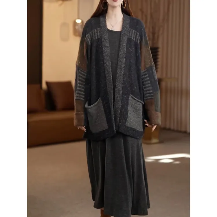 洋气高级感裙套装2025秋季新款复古休闲百搭长袖针织开衫+背心裙