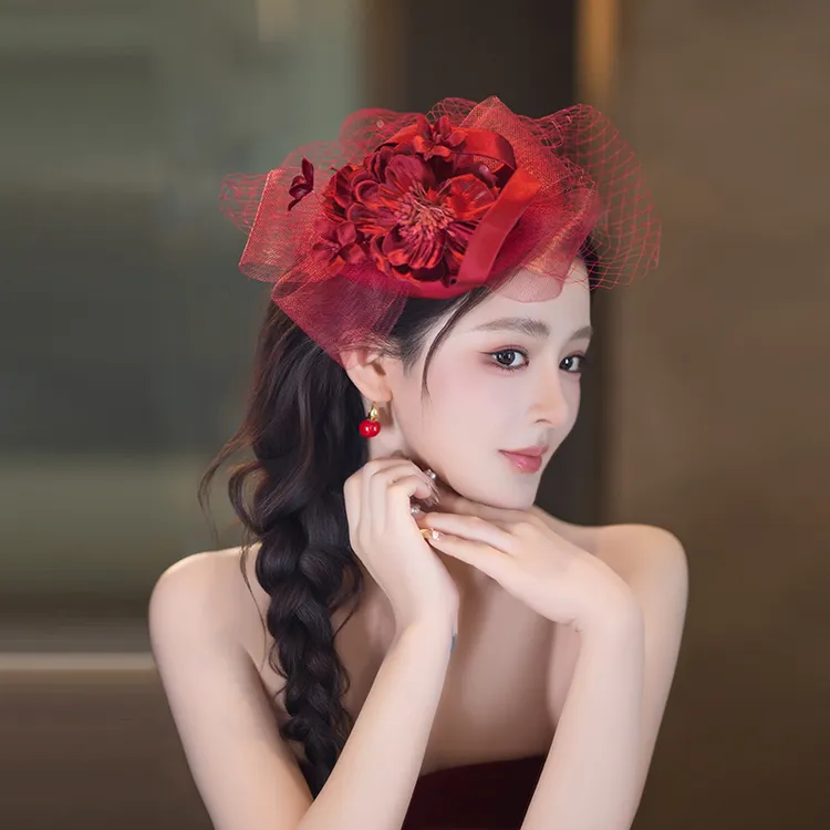 非金属布艺婚庆饰品 新娘酒红色花朵网纱礼帽千金结婚发饰MC2905