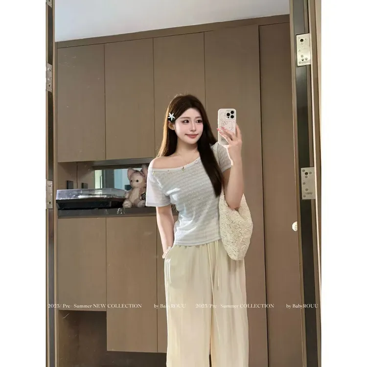 【仲夏拾贝】温与柔松弛感别致纯欲精致斜肩贝壳装饰显瘦上衣