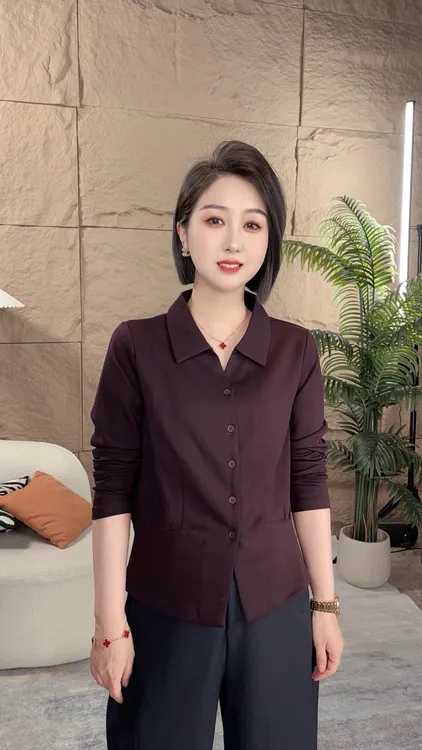 2025秋V领减龄显瘦秋装简约遮肚子衬衫扣女气质百搭打底上衣衬衣