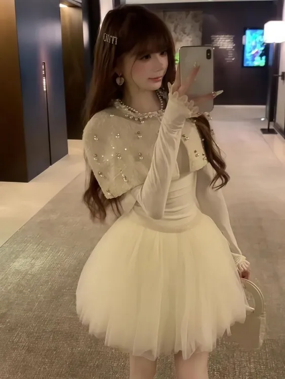 小香风气质时尚珍珠高级感斗篷披肩上衣超仙网纱连衣裙显瘦蓬蓬裙