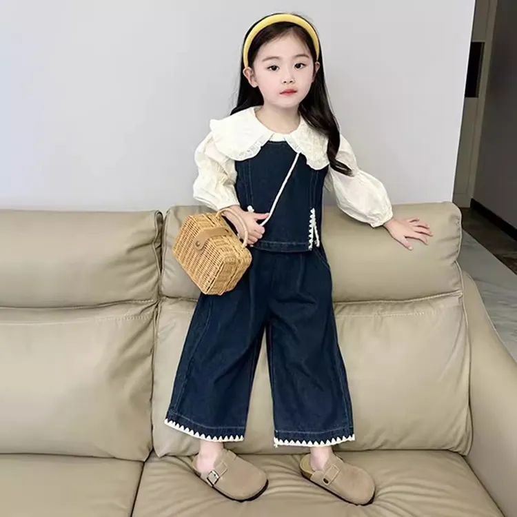 2025秋季新款女童时髦翻领衬衫套装中小童洋气百搭牛仔马甲休闲裤