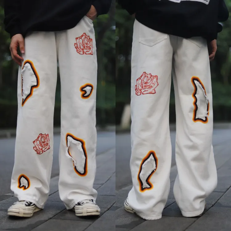 KZDALL原创设计燃烧玫瑰刺绣印花直筒休闲裤街头美式宽松长裤男女