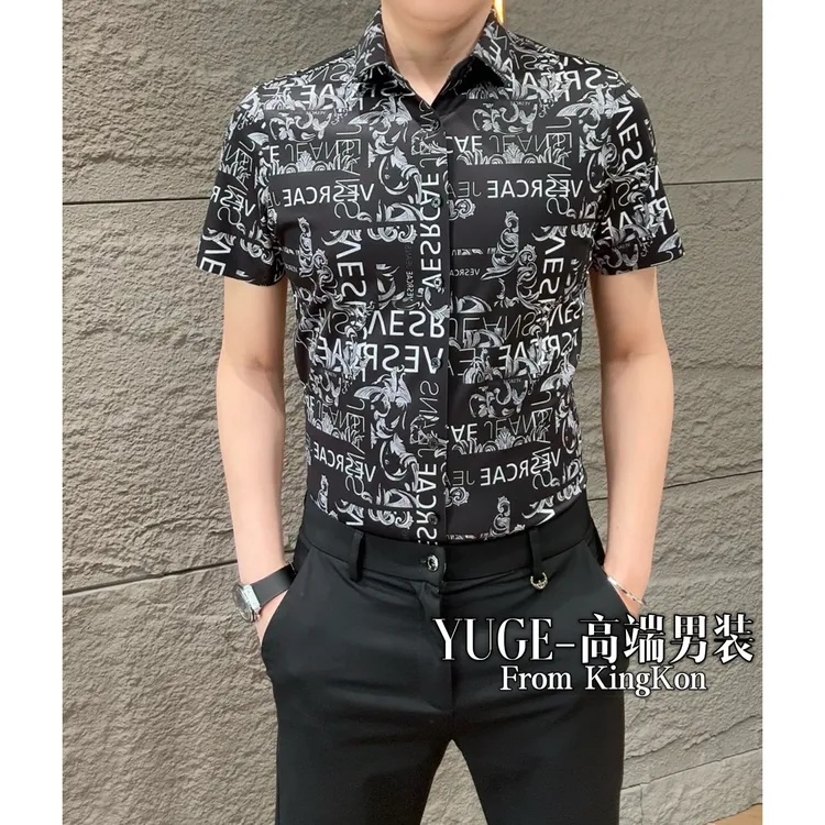 小雨男装｜9668夏季薄款衬衫字母花色欧版男士无痕舒适短袖衬衫H