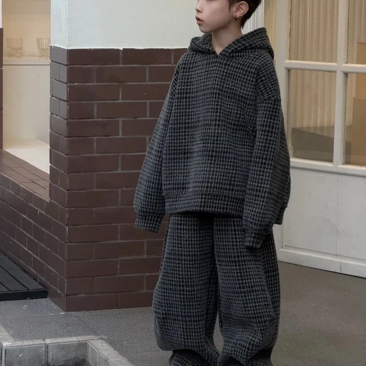 男童冬季加绒加厚格子套装2025新款冬装中大童韩版宽松保暖两件套