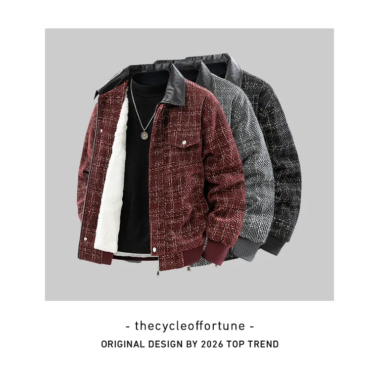 大码男装千鸟格棉服仿羊羔绒保暖连帽宽松型拉链男棉衣加绒2607JR