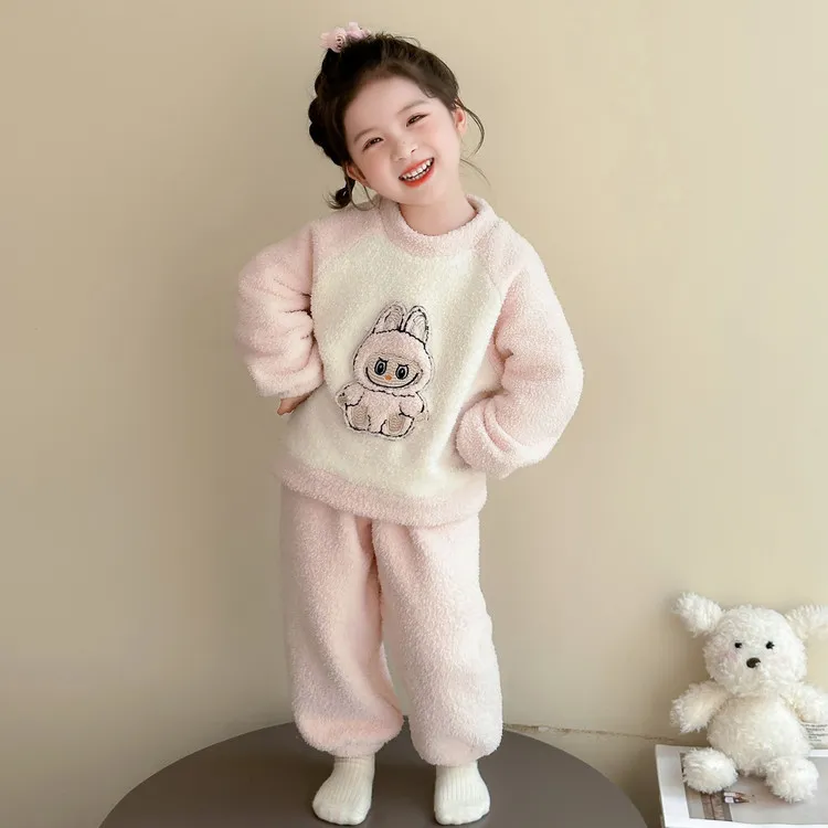 女童睡衣秋冬季半边绒加厚珊瑚绒2025新款儿童家居服套装宝宝女孩