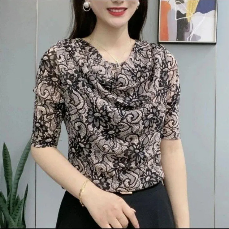 早秋新款堆堆领弹性网纱时尚百搭气质中老年洋气妈妈装