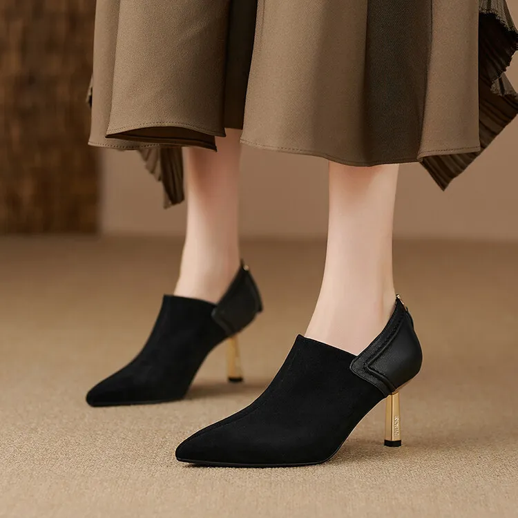 7CM时尚百搭2025春季真皮女鞋气质尖头黑色单鞋女高跟细跟低帮鞋