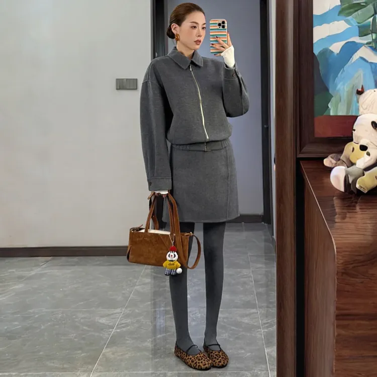 简约现代风翻领拉链开衫半身裙呢子套装女秋冬新款气质显瘦两件套