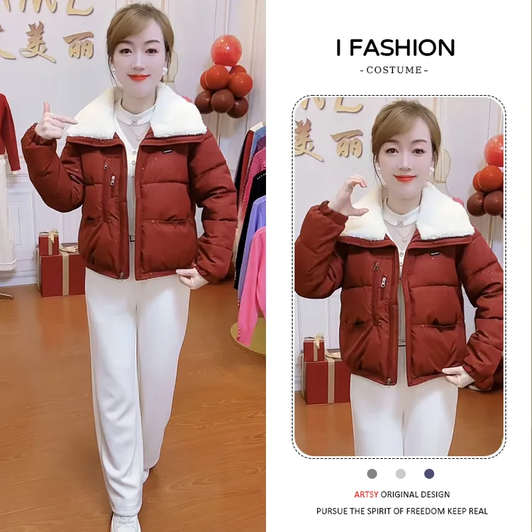 巨好看翻领毛毛拼接羽绒棉服女2025冬季新款时尚百搭显瘦洋气棉衣