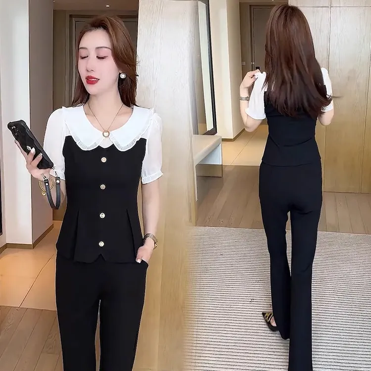 时尚精致套装女2025夏季新款洋气显瘦娃娃领短袖衬衫微喇裤两件套
