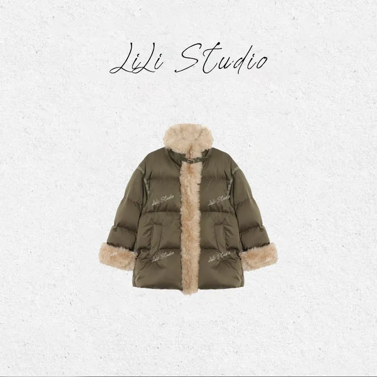 PCNY丨不理理「军绿绒领」拼接毛绒立领中长款羽绒服