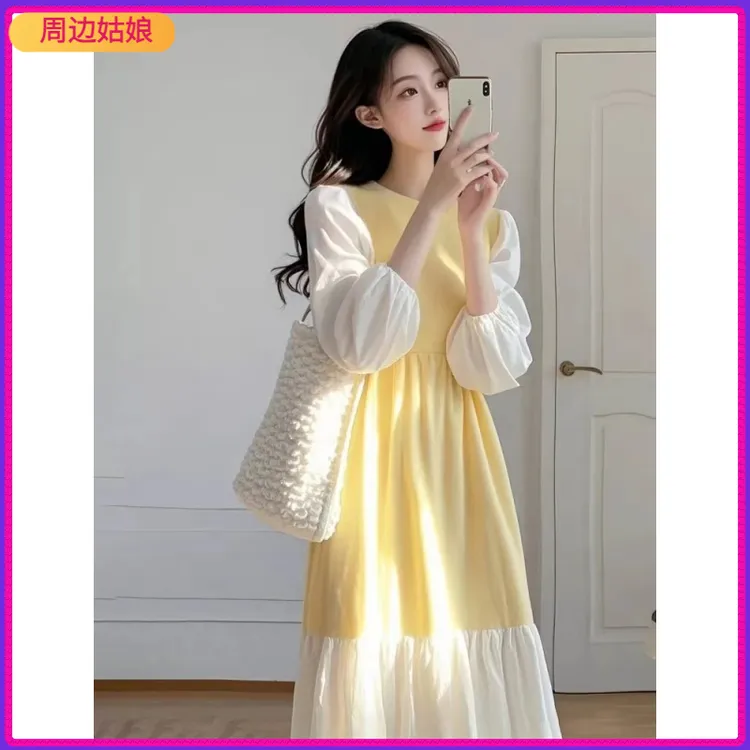 I2025年时尚春季今年流行感超好看气质千金风黄色拼接连衣裙女装1