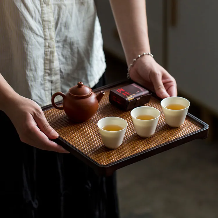 中式竹编纹干泡盘长方形茶盘竹制席面家用奉茶盘功夫圆形茶台茶托