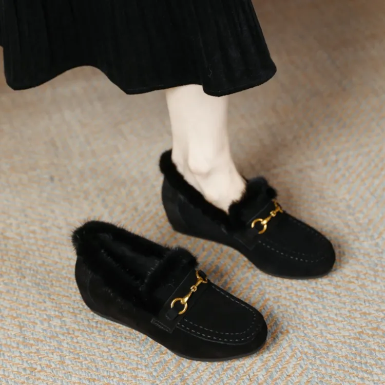 真皮毛毛鞋女冬外穿小个子坡跟内增高豆豆鞋软底舒适加绒保暖棉鞋