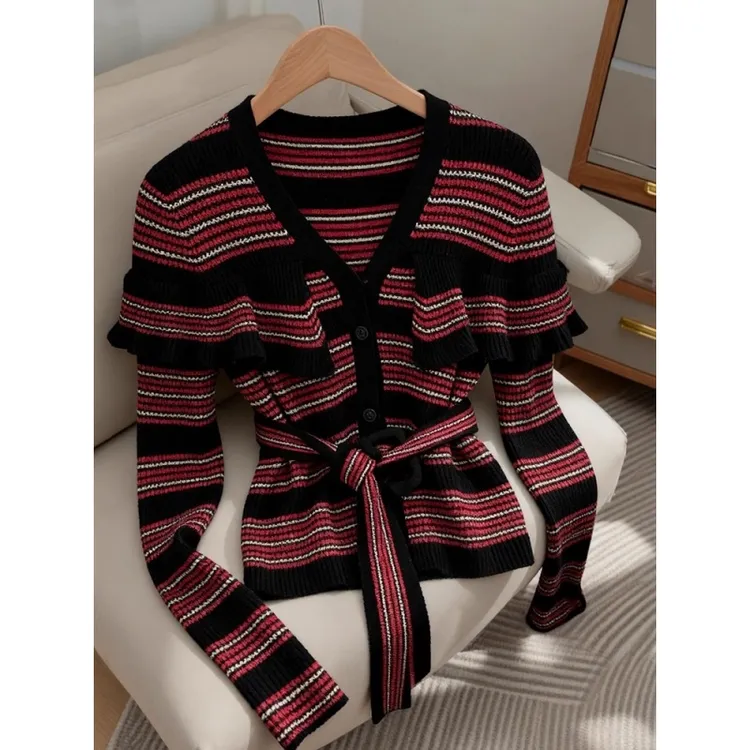 复古风V领撞色拼接针织开衫女早秋季新款小众系带收腰高级感上衣