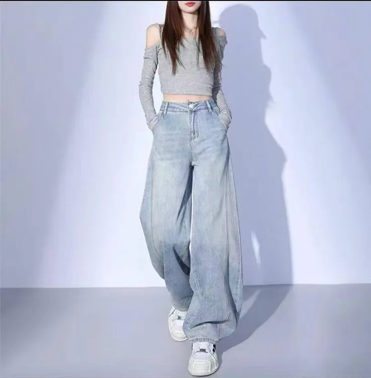 浅色弯刀牛仔裤女春夏2025新款梨型遮肉垂感香蕉阔腿裤子