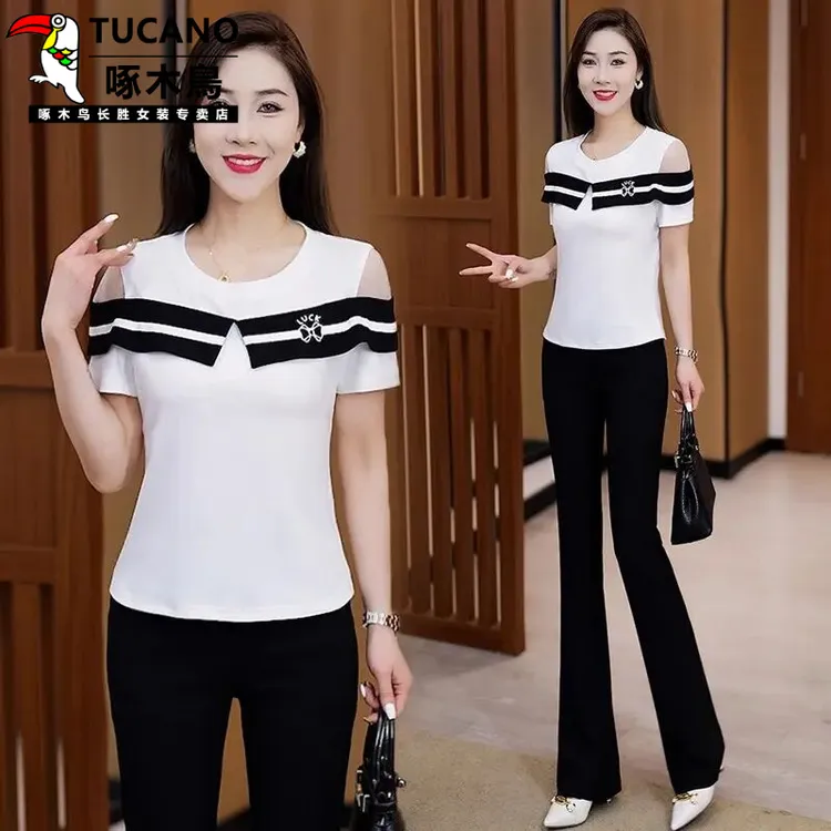 啄木鸟2025夏季新款法式露肩收腰短袖T恤女设计感气质洋气个性上
