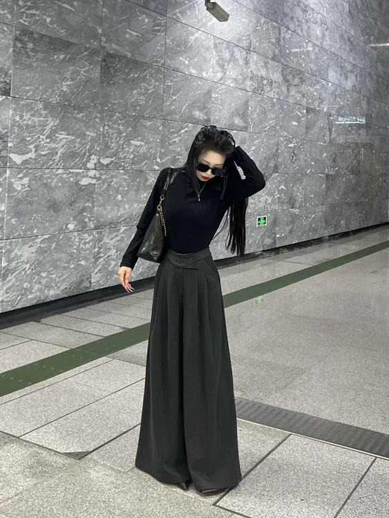 【大丫新款】新款休闲老钱风毛呢高腰阔腿拖地裤加厚秋冬款2025