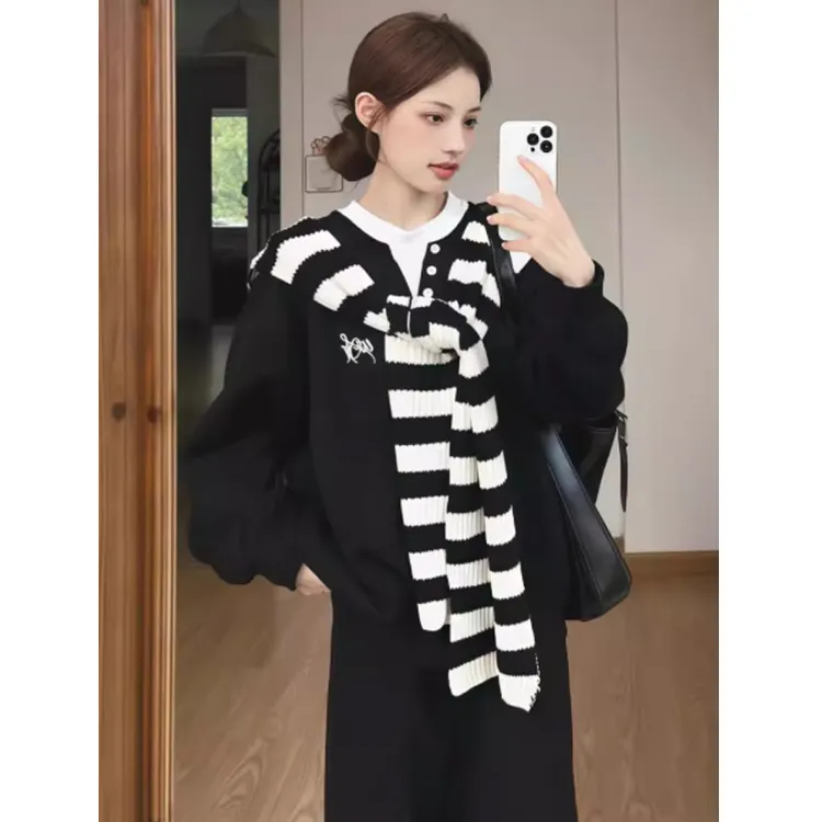 黑色披肩长袖卫衣女套装2025早秋新款慵懒风小个子休闲长裤三件套