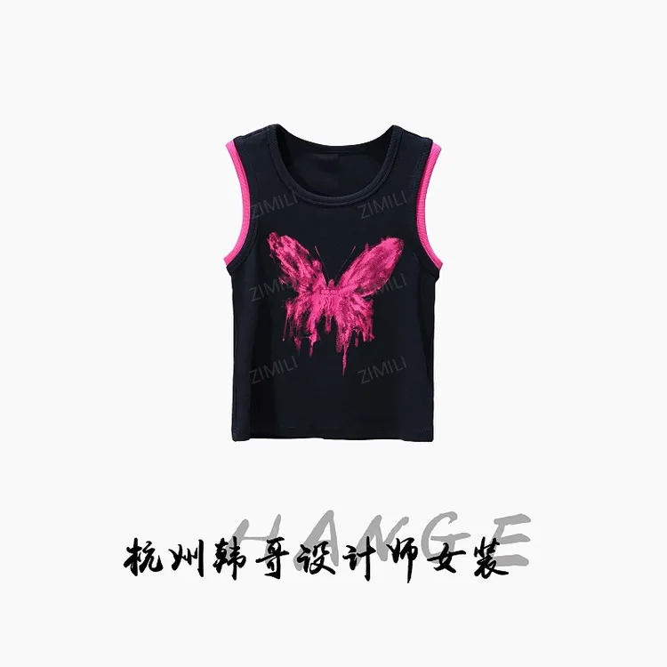 【韩哥女装】2025欧版简约暗夜黑蝴蝶水印时尚休闲高弹背心9298-B8
