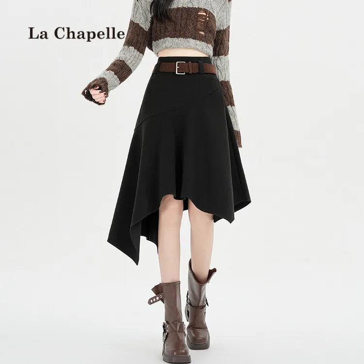 拉夏贝尔秋冬季毛呢子不规则半身裙气质简约时尚百搭纯色中长裙女