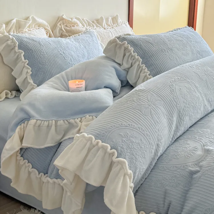 雕花牛奶绒床单四件套公主风冬季被套加厚加绒单人宿舍床上三件套