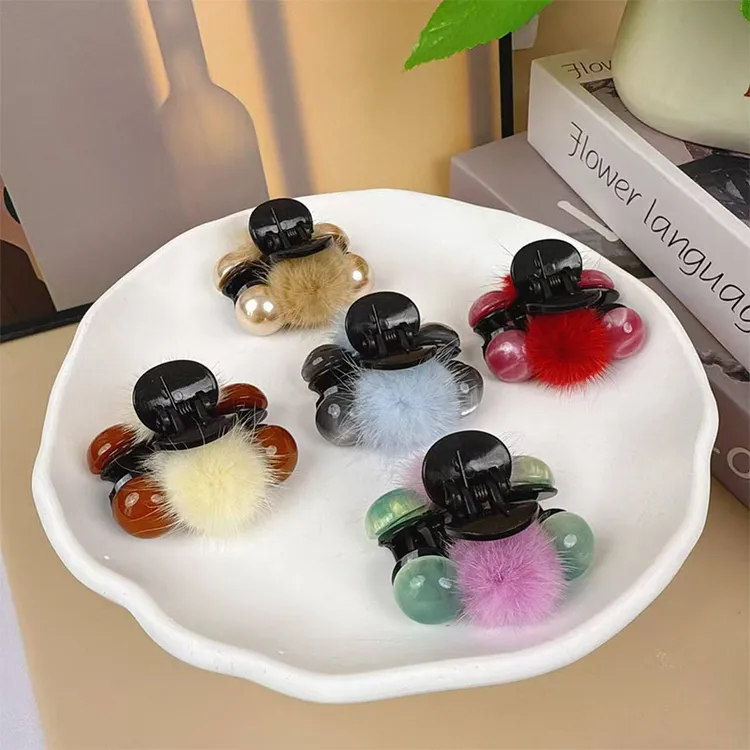 韩国秋冬温柔可爱水貂毛球球抓夹侧边夹百搭少女网红发抓发夹发饰