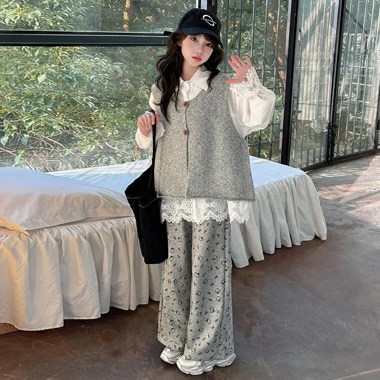 秋季新款蕾丝衬衣毛衣马甲三件套女童亲子韩版洋气时尚显瘦小香风