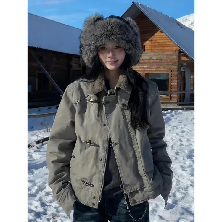 米白色美式飞机扣座山雕毛领棉衣男女款冬季加绒加厚保暖棉服外套