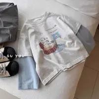 儿童纯棉假两件打底衫新款春秋男女童时尚拼接上衣圆领长袖t恤潮