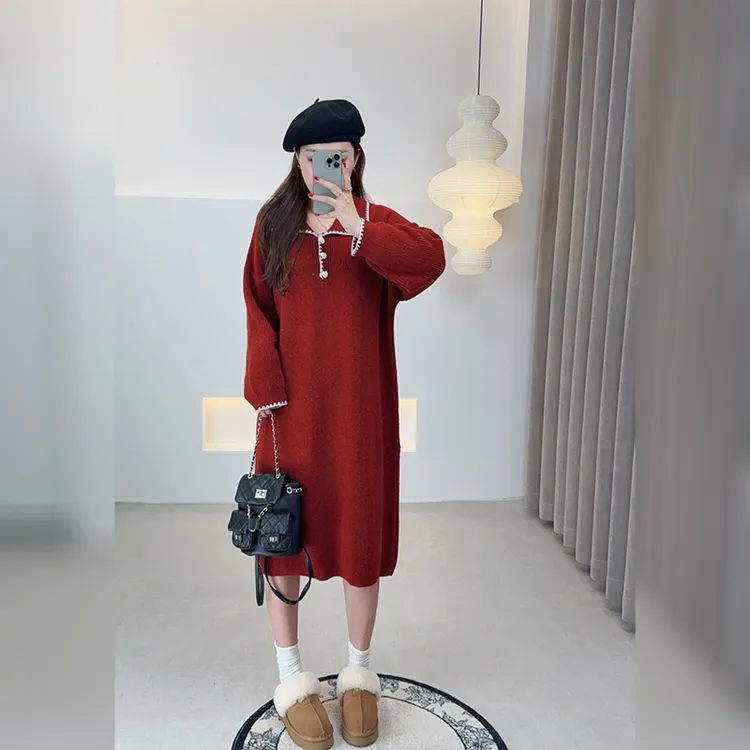 双天25年冬季大码女装连衣裙女冬慵懒风宽松翻领针织毛衣裙F682