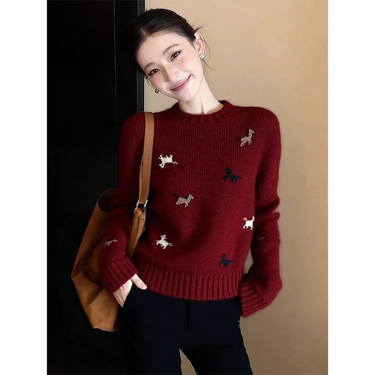 百搭气质显瘦显白流行款休闲风红色毛衣女2025冬立体小马新年毛衣