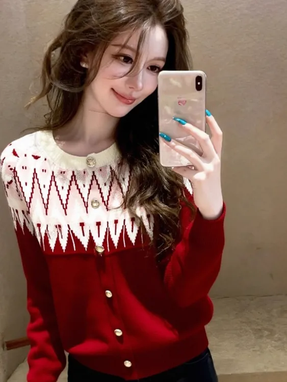 圣诞过年红色毛衣女冬独特漂亮绝美巨好看气质高端撞色针织衫上衣