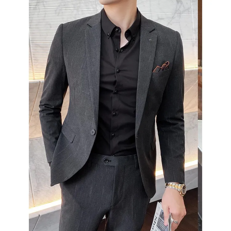 【NPKP轻奢男装】男士西服套装韩版修身新郎结婚礼服商务正装条纹